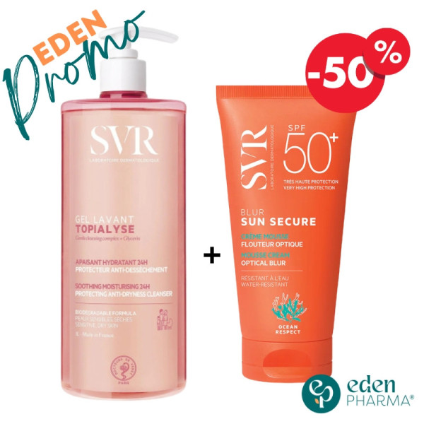 VENTE FLASH SVR TOPIALYSE GEL LAVANT 1LITRE + SUN SECURE BLUR -50%