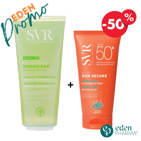 VENTE FLASH SVR SEBIACLEAR GEL MOUSSANT 200 ML + SUN SECURE BLUR -50%