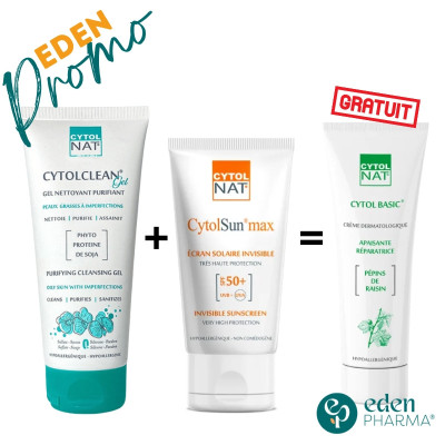 PACK CYTOLCLEAN NETTOYAGE+CYTOLSUN MAX INVISIBLE+CYTOLBASIC 50ML OFFERT