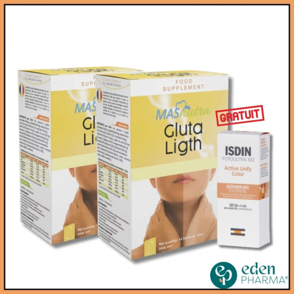 PACK 2 LOTS GLUTA LIGHT 14 STICKS ( CURE UN MOIS ) + ISDIN ACTIVE UNIFY TEINTE 2ML GRATUIT