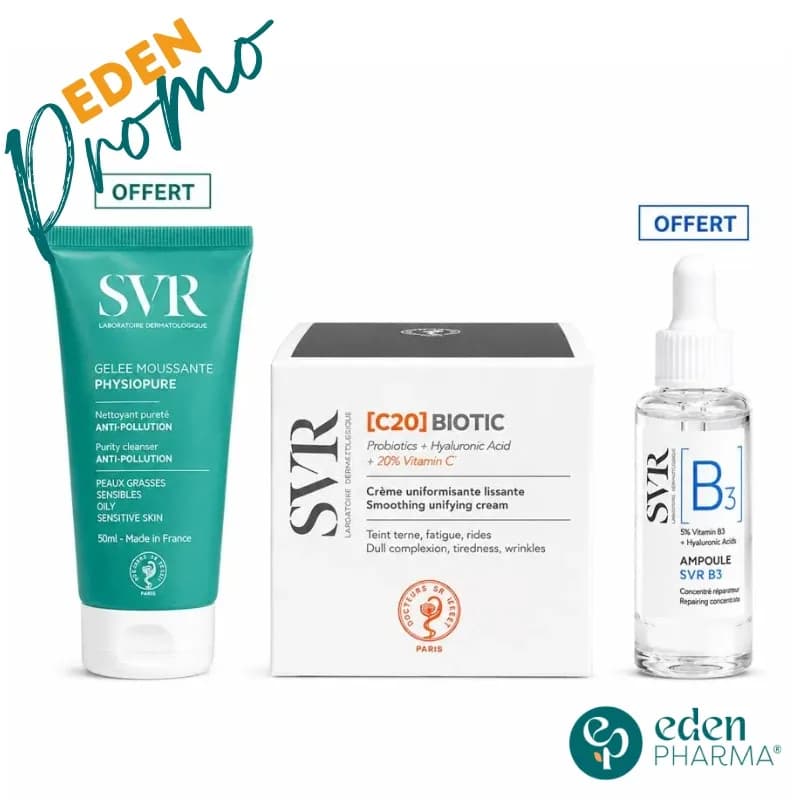 Offre SVR Biotic C20 Creme Regenerante Eclat 50 ml + SVR Gelee Physiopure 50 ml , SVR Ampoule B3 10 ml Offert