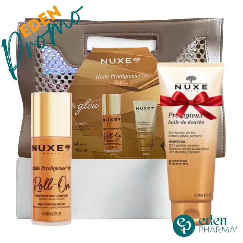 NUXE SAC HUILE PRODIGIEUSE OR ROLL ON 60ML+PRODIGIEUX HUILE DE DOUCHE PRECIEUSE PARFUMEE 200ML (OFFERT)
