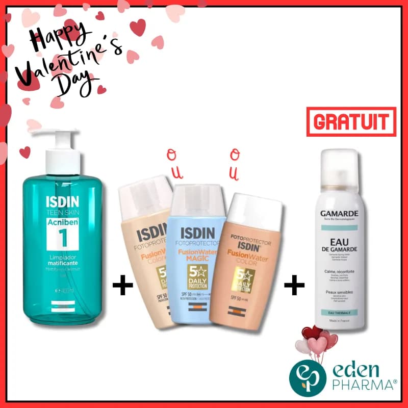 ISDIN Acinben Gel Nettoyant + Ecran Solaire Magic Water SPF 50+ + Gamarde Eau Thermale Gratuit
