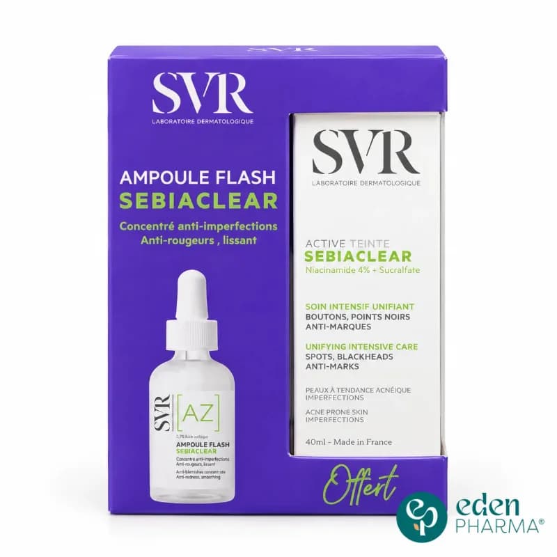 SVR COFFRET SEBIACLEAR AMPOULE AZ FLASH ANTI IMPERFECTIONS 30ML + ACTIVE TEINTEE SOIN UNIFIANT 40ML OFFERT