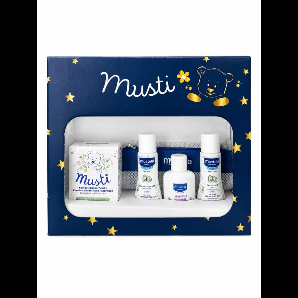 MUSTELA MUSTI COFFRET EAU PARFUMEE+EAU NETTOYANTE+LINIMENT+GEL LAVANT DOUX ET TROUSSE (OFFERT)