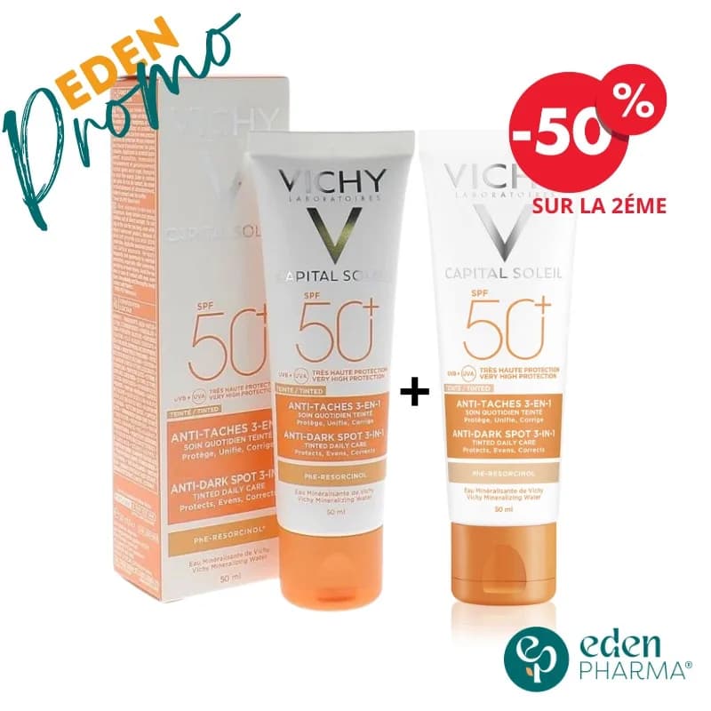Offre Lot de 2 Vichy Capital Soleil Soin Anti Taches Teinte 3en1 SPF50 50 ml + la 2eme -50%