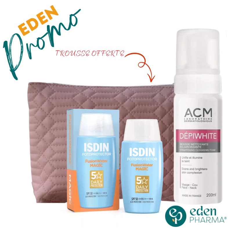 ISDIN Ecran Magic Water SPF 50+ + Acm Mousse Depiwhite 150 ml Avec Trousse Gratuite