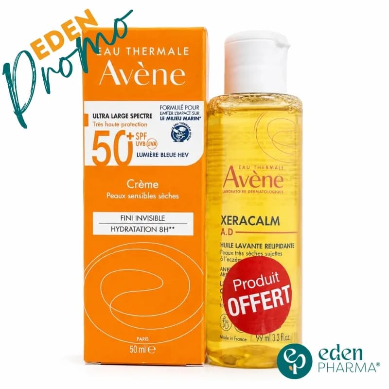 Avene Duo Ecran Solaire Peaux Peaux Sensibles Seches SPF50+ 50 ml + Xeracalm Huile Lavante 100 ml Offerte
