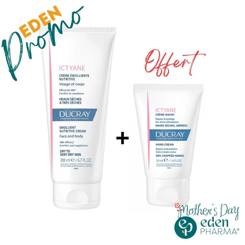 Ducray Ictyane Creme Emolliente Nutritive Visage et Corps 200 ml + Creme Mains Offerte
