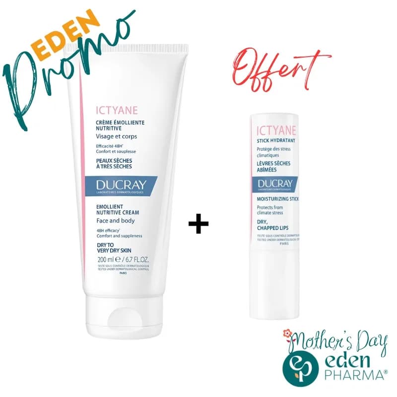 Ducray Ictyane Creme Emolliente Nutritive Visage et Corps 200 ml + Stick a Levres Offert