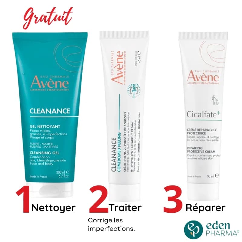 AVENE PACK CLEANANCE COMEDOMED PEELING + CICALFATE+ CREME REPARATRICE 40ML + CLEANANCE GEL NETTOYANT 200ML OFFERT