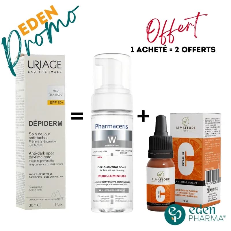 Uriage Depiderm Soin de Jour SPF50+ Pack Anti Tache Mousse Pharmaceris et Serum Almaflore Vtamine C Gratuits