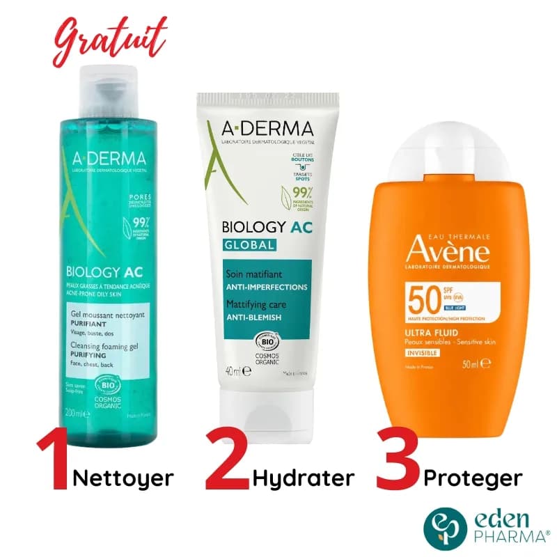 A-DERMA BIOLOGY AC GLOBAL + AVENE ULTRA FLUID INVISIBLE + PHYS-AC NETTOYANT PURIFIANT 200ML OFFERT