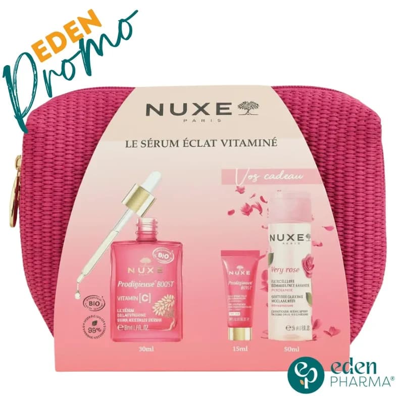 Nuxe Coffret Sérum Éclat Vitaminé Prodigieuse Boost Vitamin C Bio + Trousse Rose + 2 Cadeaux Luxe