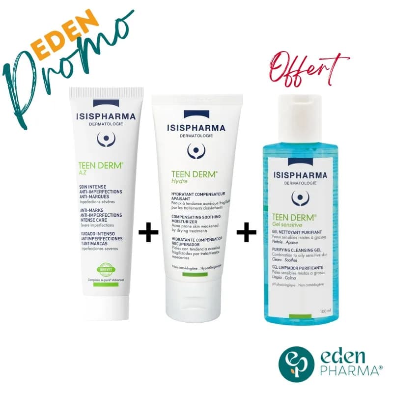 Isispharma Teen Derm 15% Acide Azelaique Az + Creme Hydratante + Gel Nettoyant Gratuit