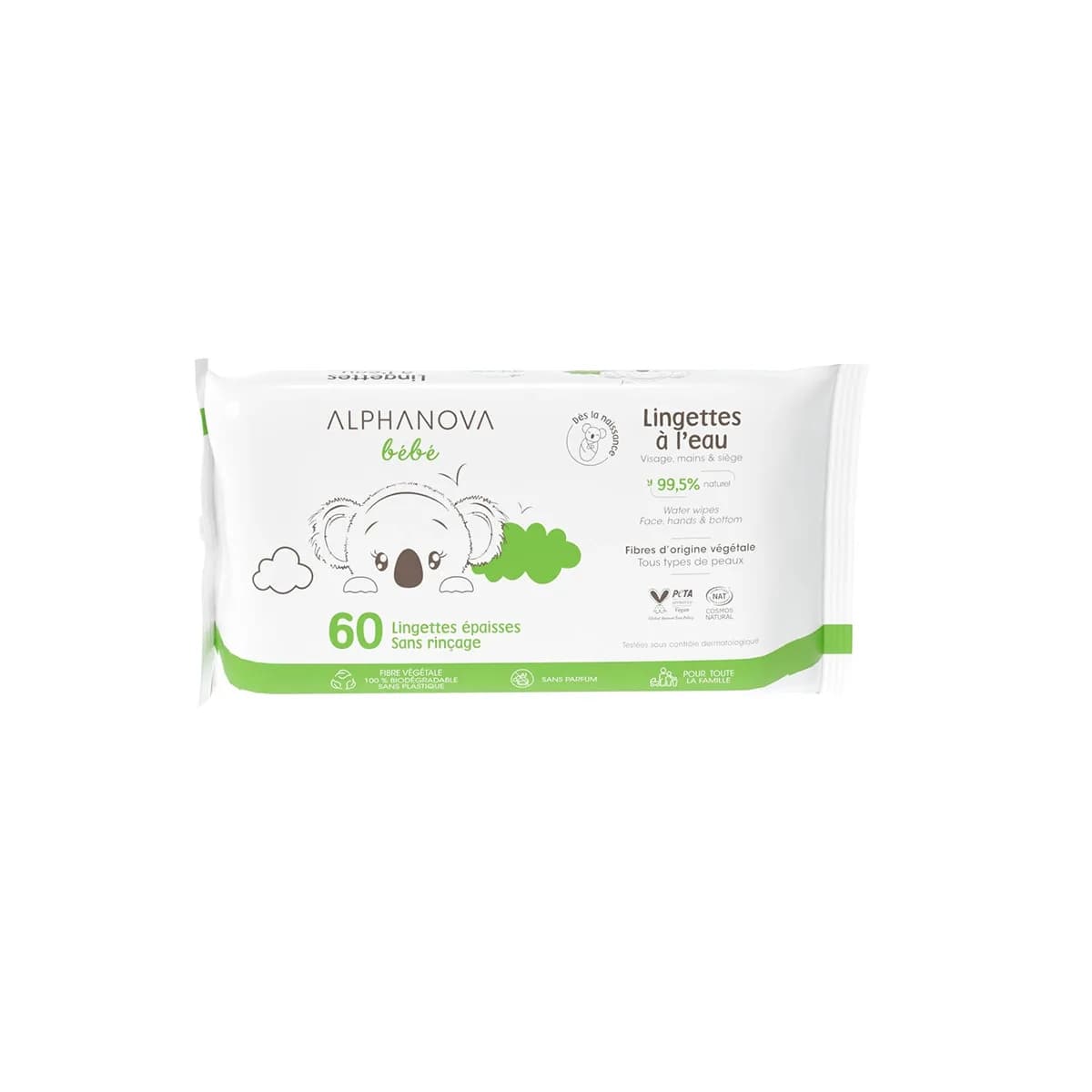 Alphanova Bebe Lingettes à L’Eau sans Parfum sans Rinçage 99,5% Naturelles X60
