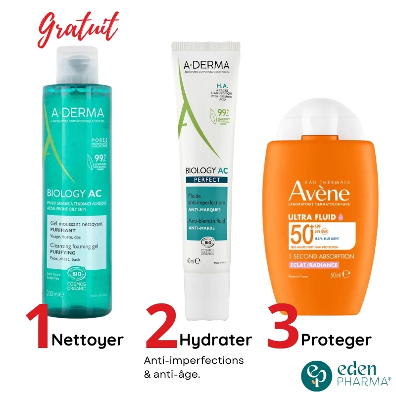 A-DERMA BIOLOGY AC PERFECT FLUIDE + AVENE ULTRA FLUID RADIANCE + PHYS-AC NETTOYANT PURIFIANT 200ML OFFERT