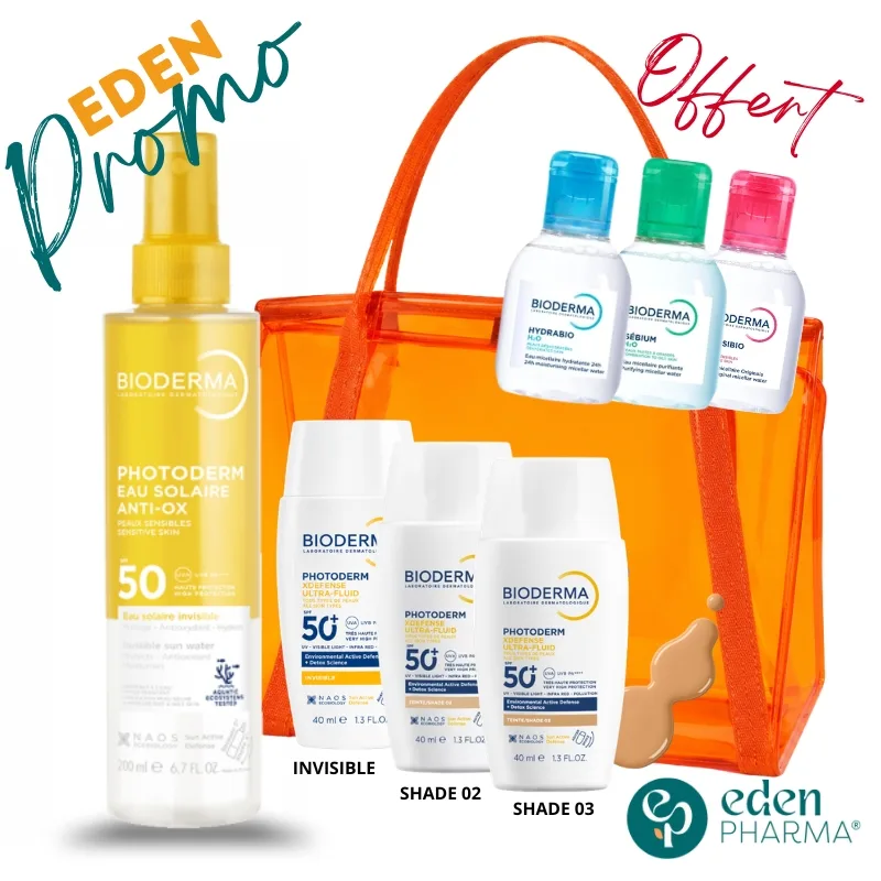 BIODERMA PACK SOLAIRE PHOTODERM EAU SOLAIRE ANTI-OX SPF50 200ML + XDEFENSE ULTRA FLUID + H2O MICELLAIRE ET SAC OFFERT